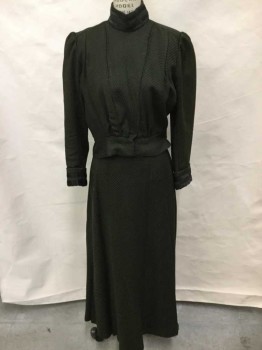 MTO, Dk Green, Black, Wool, Solid, Made To Order, Wool Ottoman, High Neck with Double Black Ribbon Detail, Also On Cuffs, Long Sleeves, Open Off Center Front with Hooks & Bars,