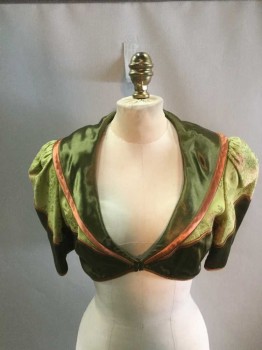 N/L, Moss Green, Lime Green, Rust Orange, Silk, Floral, Solid, Lime Green Brocade Shoulders/Top Sleeves, Short Gathered Sleeve, Rust Orange Piping, Center Front Hook & Eye Closure