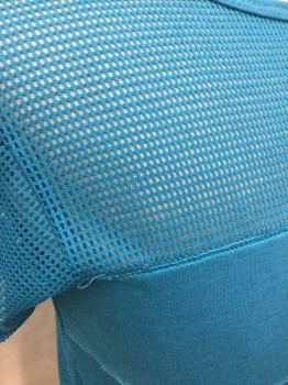 ISLANDER, Turquoise Blue, Polyester, Cotton, Solid, See-Through Mesh Net TShirt, Short Sleeve,  U-Neck, with Opaque Jersey Horizontal Stripe Across Chest,