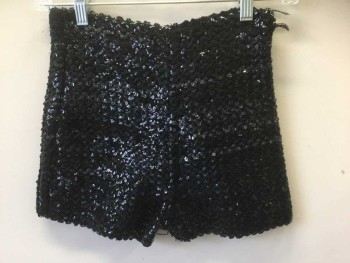 N/L, Black, Sequins, Spandex, Solid, Stretchy Sequin Covered Hot Shorts, High Waisted, 1.5" Inseam