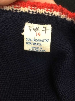 N/L, Navy Blue, Red, White, Synthetic, Wool, Solid, V-neck, Pullover,