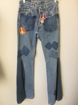 LEVI'S, Lt Blue, Cotton, Acid Wash, Novelty Pattern, Button Fly, Patches, Additional Pockets in Front, Addition to Make Bell-bottoms, "Homemade" Hippie