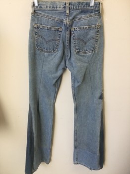 LEVI'S, Lt Blue, Cotton, Acid Wash, Novelty Pattern, Button Fly, Patches, Additional Pockets in Front, Addition to Make Bell-bottoms, "Homemade" Hippie