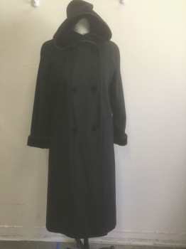 HALSTON LIFESTYLE, Black, Wool, Solid, Felted Wool with Velvet Covered Buttons and Lining on Hood, Double Breasted, Raglan Sleeves, Cording Trim at Hood, Cuffs, 2 Pockets, Ankle Length, Padded Shoulders