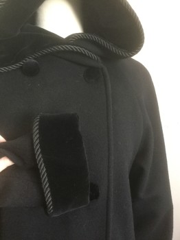 HALSTON LIFESTYLE, Black, Wool, Solid, Felted Wool with Velvet Covered Buttons and Lining on Hood, Double Breasted, Raglan Sleeves, Cording Trim at Hood, Cuffs, 2 Pockets, Ankle Length, Padded Shoulders