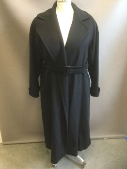 BILL BLASS, Black, Wool, Solid, Open at Center Front with No Buttons/Closures, Wide Notched Lapel, Padded Shoulders, 2 Pockets, Ankle Length, **With Matching Belt