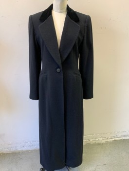 NO LABEL, Black, Synthetic, Wool, Solid, Velvet Panel on Notched Lapel, 1 Button, Padded Shoulders, High Vent in Back, Ankle Length,