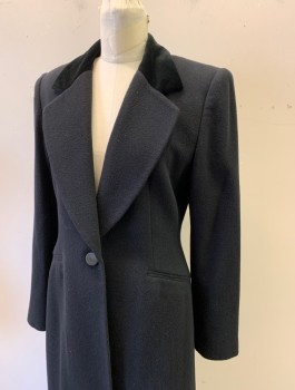 NO LABEL, Black, Synthetic, Wool, Solid, Velvet Panel on Notched Lapel, 1 Button, Padded Shoulders, High Vent in Back, Ankle Length,