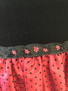 C'.C. Couture, Black, Red, Acrylic, Polyester, Solid, Polka Dots, Black Velvet Bodice with Long Sleeves, Black Chiffon Ribbon with Red Beaded Flowers. Red with Black Polka dots Skirt, Chiffon Ribbon Ties.