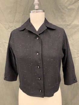 N/L, Black, Wool, Speckled, Button Front, Black Buttons with Silver Ball Centers, Collar Attached, Dolman 3/4 Sleeve,