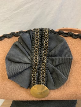 N/L MTO, Lt Brown, Black, Wool, Solid, Felt with Black Corded Trim at Edges, Black Faille Rosette with Black and Gold Gimp Ribbon and Gold Button at Side, Ecru Linen Lining, Made To Order Reproduction