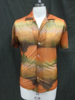 E. MALE, Orange, Brown, Baby Blue, Yellow, Nylon, Dots, Abstract , Abstract with Dots, Button Front, Sheer, Collar Attached, Short Sleeves