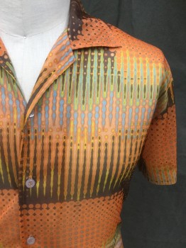E. MALE, Orange, Brown, Baby Blue, Yellow, Nylon, Dots, Abstract , Abstract with Dots, Button Front, Sheer, Collar Attached, Short Sleeves
