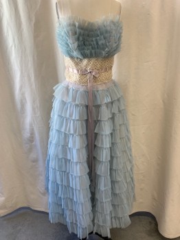 FOX22, Sky Blue, Nylon, Rayon, Strapless, Sweetheart Neckline, All Over Ruffles, Zip Back, Ivory Floral Crochet Panel on Waist with Gray Ribbon Woven Through Tied Into Bow on Front, Ankle Length