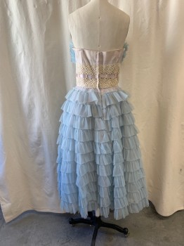 FOX22, Sky Blue, Nylon, Rayon, Strapless, Sweetheart Neckline, All Over Ruffles, Zip Back, Ivory Floral Crochet Panel on Waist with Gray Ribbon Woven Through Tied Into Bow on Front, Ankle Length