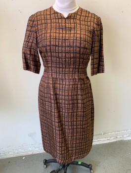 ANNIE COUTURE, Brown, Black, Silk, Geometric, Painterly Rectangles Print, 3/4 Sleeves, Round Neck with Notch at Center, Horizontal Pleat/Mini Peplum at Waist, Straight Fit, Hem Below Knee,