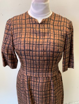 ANNIE COUTURE, Brown, Black, Silk, Geometric, Painterly Rectangles Print, 3/4 Sleeves, Round Neck with Notch at Center, Horizontal Pleat/Mini Peplum at Waist, Straight Fit, Hem Below Knee,
