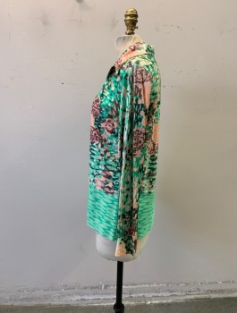 NL, Lime Green, Peachy Pink, Red Burgundy, Forest Green, Polyester, Abstract , Floral, Collar Attached, Long Sleeves, Button Front, 5 Button, Abstract Floral Art