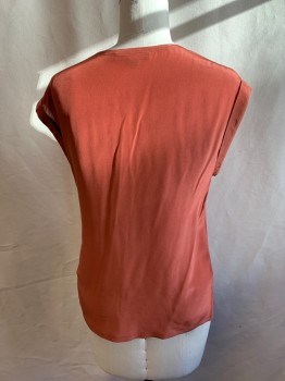 ALL SAINTS, Rust Orange, Viscose, Silk, Solid, V-neck, Sleeveless, Folded Cuffs, Small Attached Belt at Left Side, Gun Metal Silver Double D Ring Buckle,