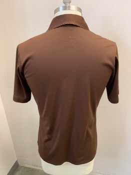 CAREER CLUB, Chestnut Brown, Polyester, Solid, Short Sleeves, Button Front, 6 Buttons, Chest Pocket, White/Tan Scallopped Top Stitch,