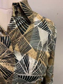 JAYNEE PAPELL, Black, Lt Brown, Black, Polyester, Abstract , Abstract Stripe, Button Front, Collar Attached, Long Sleeves, Button Cuff with Roll Back, Hidden Placket