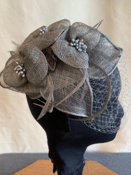 MTO, Gray, Black, Straw, Feathers, Black Headband, with Buckram Flowers with Pearl Centers, Front Netting