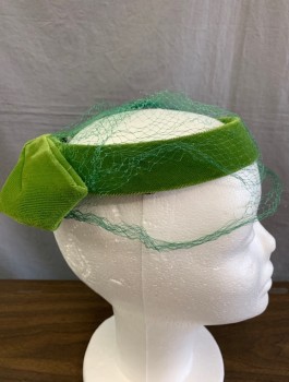 N/L, Pea Green, Cotton, Solid, Velvet Covered Halo Shape, Open Crown, Emerald Green Netting Attached with Several Holes/Tears, Large Velvet Bow in Back, In Fair Condition Overall