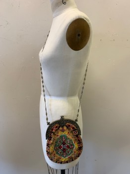 CHRISTIANA, Yellow, Red, Green, Black, Orange, Silk, Beaded, Novelty Pattern, Antique Silver Clamshell Opening with Chain Strap, Includes Mirror, and Spare Beads...