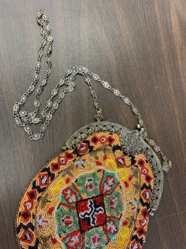 CHRISTIANA, Yellow, Red, Green, Black, Orange, Silk, Beaded, Novelty Pattern, Antique Silver Clamshell Opening with Chain Strap, Includes Mirror, and Spare Beads...