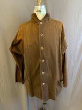 MTO, Brown, Cotton, Solid, 1800s, Band Collar, Pleated Shoulders and Chest and Back, 2 Pockets, Button Front, *All Over Discoloration*