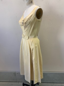 NO LABEL, Butter Yellow, Polyester, Solid, Sleeveless, V Neck, Pleated Chest, 3 Diamond Broaches, Center Bow, Back Zipper,