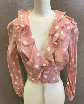 NL, Dusty Rose Pink, White, Rayon, Polka Dots, Deep V-neck, Ruffle Front, Long Sleeves, Cropped, Elastic Waist, Zip Front,