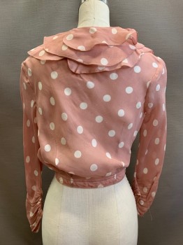 NL, Dusty Rose Pink, White, Rayon, Polka Dots, Deep V-neck, Ruffle Front, Long Sleeves, Cropped, Elastic Waist, Zip Front,