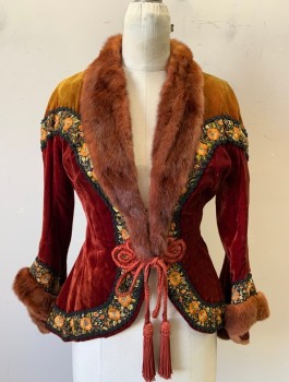 N/L MTO, Rust Orange, Caramel Brown, Cotton, Fur, Velvet, with Mink Fur Shawl Collar & Cuffs, Contrasting Shoulders, Black Floral Trim, Large Passementarie Loop at CF with Corded Ties with Tassels