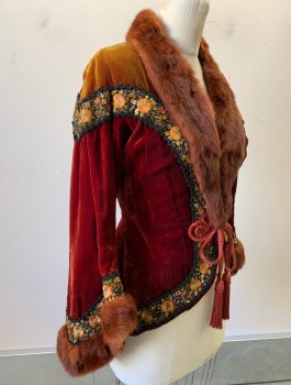 N/L MTO, Rust Orange, Caramel Brown, Cotton, Fur, Velvet, with Mink Fur Shawl Collar & Cuffs, Contrasting Shoulders, Black Floral Trim, Large Passementarie Loop at CF with Corded Ties with Tassels