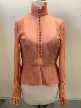 MTO, Salmon Pink, Multi-color, Silk, Synthetic, Solid, Floral, Hook N Eye Back, Button Sleeves, Floral Bustier Underlay, Faux Button Front *Discolored Cuffs and Collar, Broken Button on Front