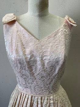 T. Paige, Baby Pink, Polyester, Cotton, Floral, Sleeveless, V Neck, Shoulder Bows,, Pleated Skirt, Back Zipper