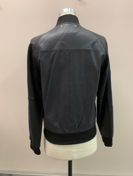 PAUL SMITH, Black, Navy Blue, Leather, Suede, Color Blocking, Band Collar, Zip Front, 2 Pockets,