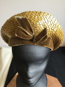 I. MAGNIN, Tan Brown, Lt Brown, Straw, Cotton, Solid, Beret, Tan Straw, with Light Brown Velvet Band with Self 3D Bow, Elastic Loop Strap