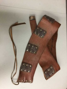 Brown, Dk Brown, Leather, Metallic/Metal, Medieval, Velcro & D Ring Closure Western, With Dark Brown Leather Studded Strips All Around