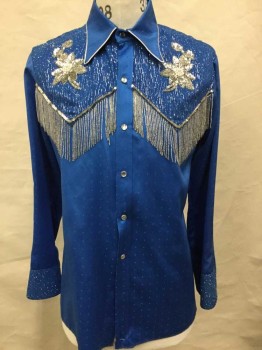 PZAZZ DESIGNS, Royal Blue, Silver, Metallic, Polyester, Beaded, Polka Dots, Floral, Self Dotted Pattern Satin, Long Sleeves, Snap Front, Collar Attached,  Silver Beaded Fringe At Yoke, Silver Sequined + Beaded Flower Appliques At Chest + Back, Silver Metallic Piping,