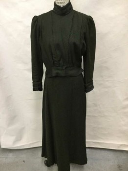 MTO, Dk Green, Black, Wool, Solid, Made To Order, Wool Ottoman Weave, Full Skirt, Knife Pleats Center Back, Some Mended Moth Holes, Condition Fair