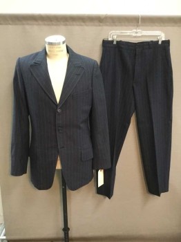 NO LABEL, Navy Blue, Gray, Wool, Stripes, Single Breasted, 3 Button Front, 3 Pockets,