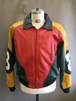 BOULDER RIDGE, Red, Green, Yellow, Black, White, Leather, Color Blocking, Late 1980s Early 1990s, Long Sleeves, Zip Front, Black Collar Attached, "8" On Side Sleeves, Cotton Ribbed Knit Cuffs, Hip Hop