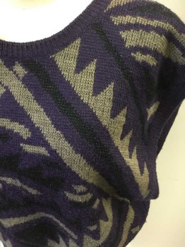 ORIGINALLY GROWN, Aubergine Purple, Taupe, Black, Acrylic, Nylon, Abstract , Crew Neck, Taupe & Black Lines and Curves
