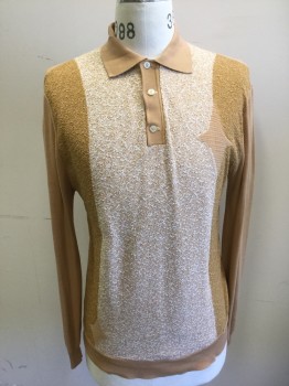 N/L, Beige, Mustard Yellow, White, Polyester, Color Blocking, Diamonds, Banlon Knit, Textured Beige/White Front, with Mustard Textured Panels at Side Front, Beige Diamond Detail at Chest, Rib Knit Beige Collar Attached, Beige Solid Long Sleeves, 3 Button Placket at Neck, Solid Beige Back,