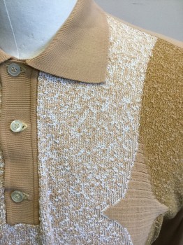 N/L, Beige, Mustard Yellow, White, Polyester, Color Blocking, Diamonds, Banlon Knit, Textured Beige/White Front, with Mustard Textured Panels at Side Front, Beige Diamond Detail at Chest, Rib Knit Beige Collar Attached, Beige Solid Long Sleeves, 3 Button Placket at Neck, Solid Beige Back,