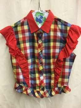 H BAR C, Multi-color, Red, Polyester, Cotton, Check , Solid, Multicolor 1" Squares Checked Pattern, with Solid Red Collar and Princess Seam Ruffles, Sleeveless, Light Gray Snap Closures, Self Ruffle Hem