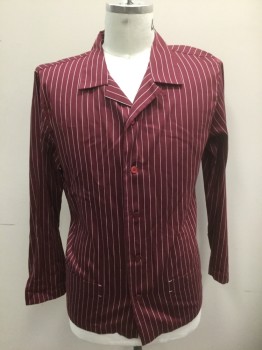 ERMENEGILDO ZEGNA, Maroon Red, Lt Gray, Cotton, Stripes - Pin, Long Sleeves, Button Front, Collar Attached, 2 Patch Pockets at Hips