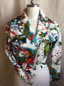 NIKOS, White, Turquoise Blue, Red, Yellow, Gray, Cotton, Novelty Pattern, Floral, White Denim, Large Notched Lapel, Slanted Zip Front, 2 Pockets with Flap, Long Sleeves with Zipper Cuffs